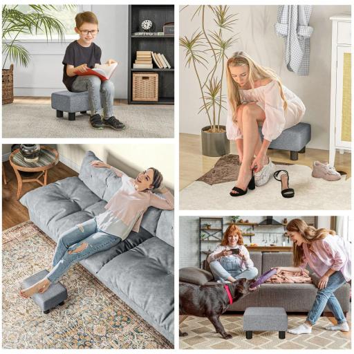 Reposapiés de Salón Taburete Bajo con Asiento Acolchado Rectangular para Sala de Estar Dormitorio 40x30x24 cm Gris [4]