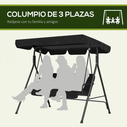 Balancín de Jardín Exterior Columpio de 3 Plazas con Toldo Ajustable y Marco de Acero para Terraza 172x110x153 cm Negro [3]