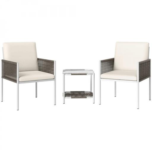 Juego de 2 Sillas y Mesa de Ratán con Cojines Acolchados y Encimera de Vidrio para Balcón Terraza Marrón y Crema [8]