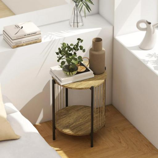 Mesa Auxiliar Redonda de 2 Niveles con Estante y Estructura de Acero para Salón Dormitorio 43,5x43,5x51 cm Natural [3]