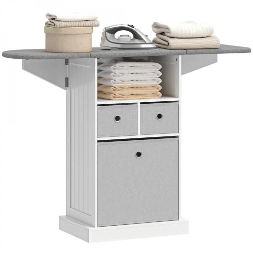 Mueble de Plancha con Ruedas Tabla de Planchar Plegable 3 Cajones de Tela 121x37x89,5 cm Blanco [9]