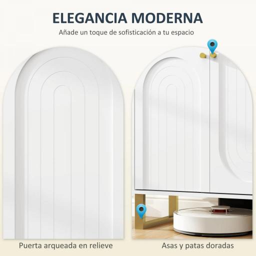 Aparador con 4 Puertas Arqueadas Estantes Ajustables y Patas Doradas 140,8x35x77,5 cm Blanco [7]