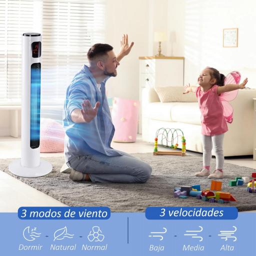 Ventilador de Torre Silencioso 45W con Control Remoto 3 Velocidades 3 Modos Temporizador 10H Oscilación 70° Blanco [6]