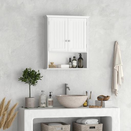 Armario Baño de Pared con 2 Puertas Estante Interior Ajustable y Compartimento Abierto Mueble Auxiliar Suspendido Multiusos para Cocina 60x20x70,5 cm Blanco