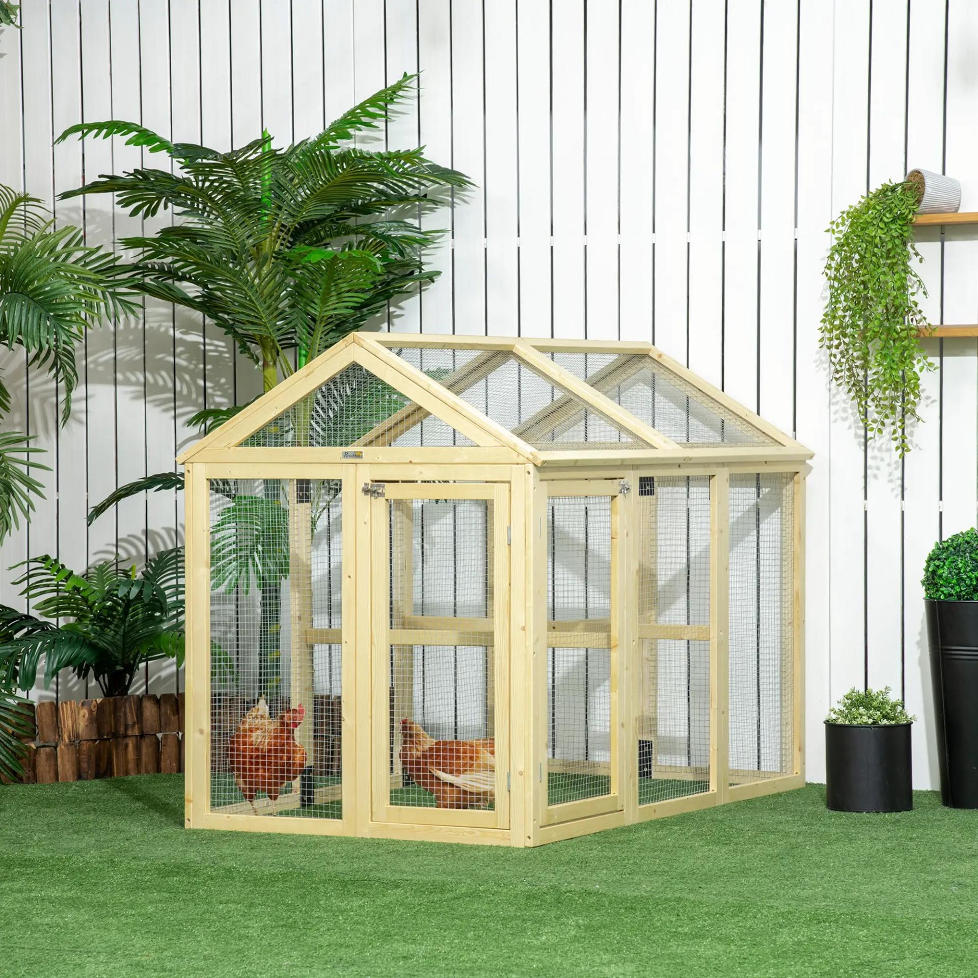 Gallinero para Exterior 140x88,5x106 cm con 3 Perchas Marco de Madera y 2 Puertas con Cierre Madera Natural
