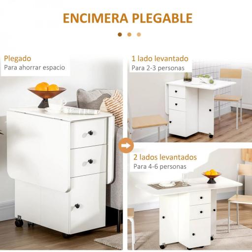 Mesa Plegable con Ruedas y Alas Abatibles Mesa Auxiliar Multifuncional con Almacenaje 120x60x76,5 cm Blanco [4]