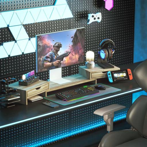 Elevador Monitor Ángulo y Longitud Ajustable con 2 Cajones para Portátil Computadora PC 60-116x22x12 cm Roble [4]