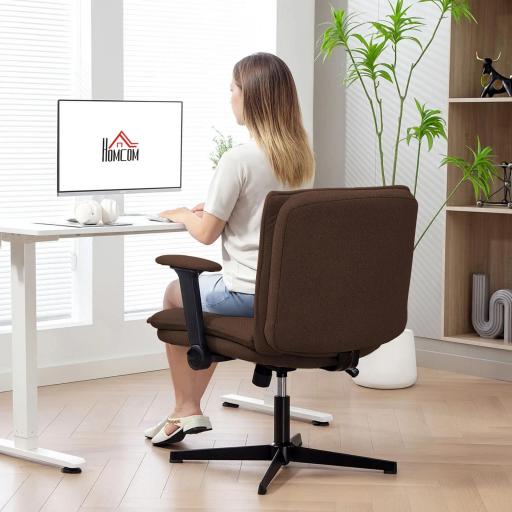 Silla de Oficina Piernas Cruzadas con Reposabrazos Abatible Asiento Ancho sin Ruedas Altura Ajustable Giratoria Marrón [7]