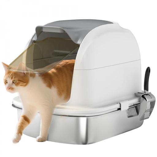 Arenero para Gatos de Acero Inoxidable XL con Tapa Abatible Laterales Altos Entrada Superior Pala Blanco [8]