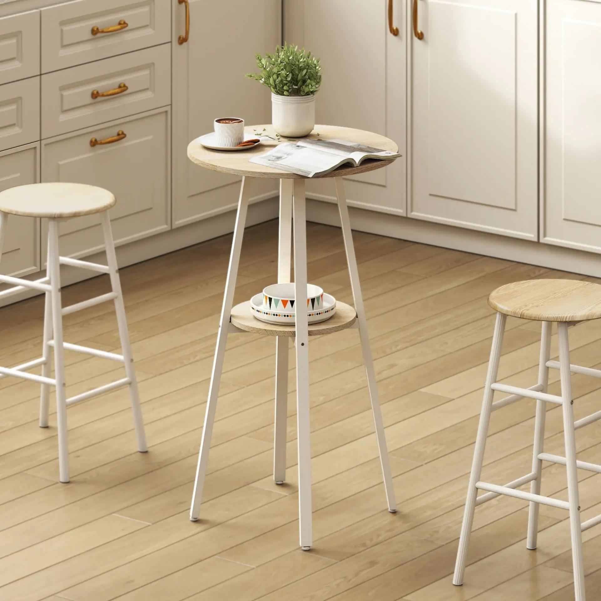 Mesa Alta Cocina Redonda con Estante de Almacenamiento Moderna para 2 Personas 55x55x95 cm Madera Natural y Blanco
