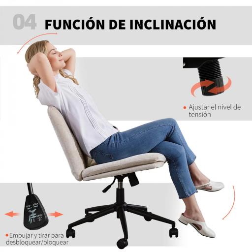 Silla de Oficina con Asiento Ancho sin Reposabrazos Ruedas Altura Ajustable Giratoria Función Basculante Beige [3]