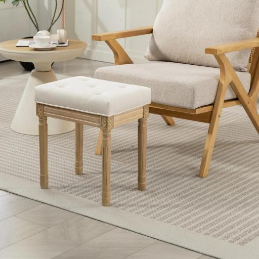 Reposapiés Salón Estilo Rústico Tapizado en Lino Sintético con Madera Maciza Patas Talladas Asiento Acolchado Beige