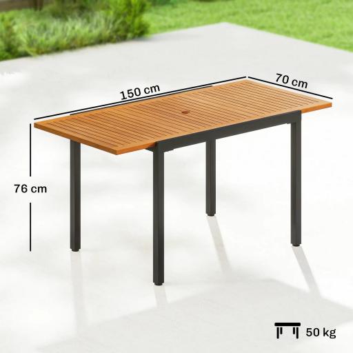 Mesa de Jardín Extensible 100/150x70 cm de Madera y Metal con Agujero para Sombrilla para 4-6 Personas Teca [1]