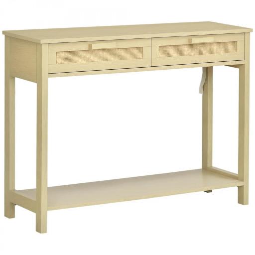 Mesa Consola Mesa de Entrada con 2 Cajones de la Superficie de Ratán y Estante Inferior para Pasillo Salón Dormitorio de Estilo Rústico 100x30x76 cm Natural [9]
