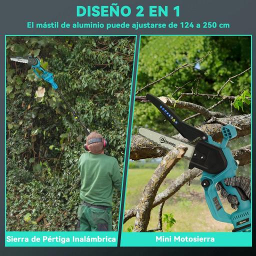 Mini Motosierra Bateria 8 Pulgadas 6000mAh con 580W Motor sin Escobillas 2 Baterías Palo Telescópico para Podar Árboles [2]