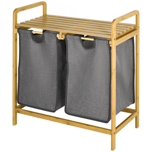 Cesto de Ropa Sucia de Bambú Cesto para la Colada con 2 Bolsas Extraíbles y Estante para Baño 63,5x33x73 cm Natural y Gris [9]