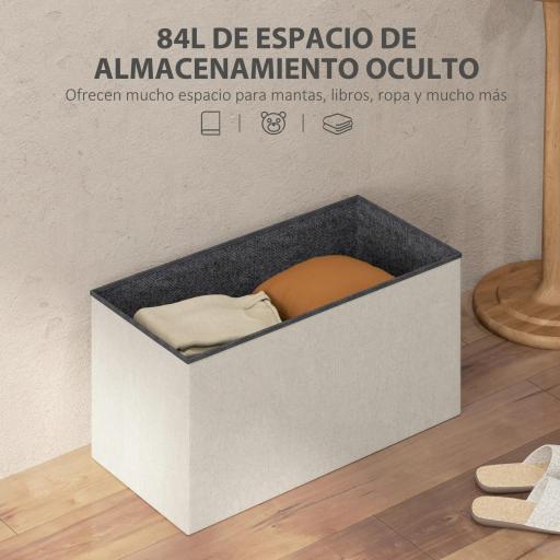 Puff Almacenaje, Banco Almacenaje Plegable 84 L 76x38x38 cm Tapizado en Lino Sintético Baúl de Almacenamiento Crema [2]