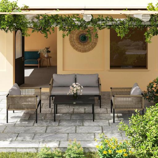 Conjunto de Muebles de Jardín 4 Piezas con Sofá Sillones Mesa de Centro y Cojines Natural y Gris [7]