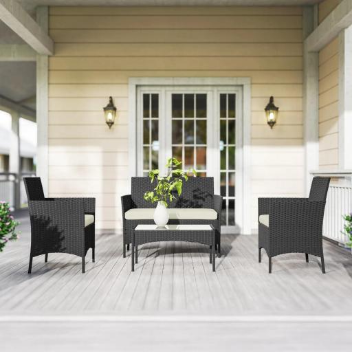 Conjunto Muebles Jardín de Ratán Sintético con Sofá Sillones y Mesa de Vidrio Templado y Cojines Negro y Crema [7]