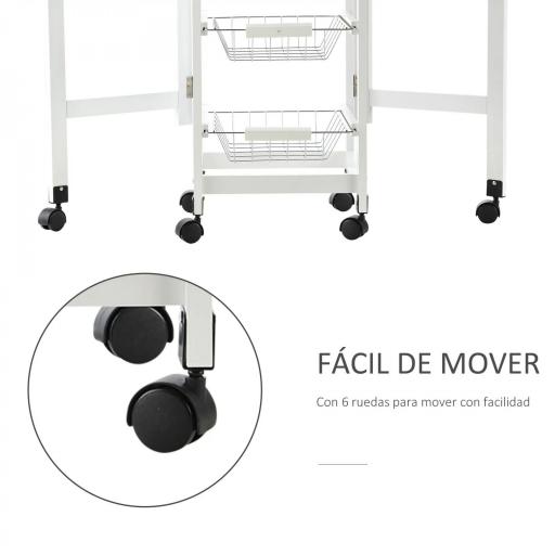 Carrito Auxiliar Plegable Carrito de Cocina con 6 Ruedas 1 Cajón y 3 Cesta de Metal 97,2x37x77,5 cm Blanco y Roble [9]
