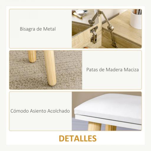 Tocador de Maquillaje con Espejo Abatible 100 cm Mesa de Maquillaje con Taburete Acolchado Cojín Suave Compartimentos y Cajones Patas de Madera Maciza Color Natural [5]