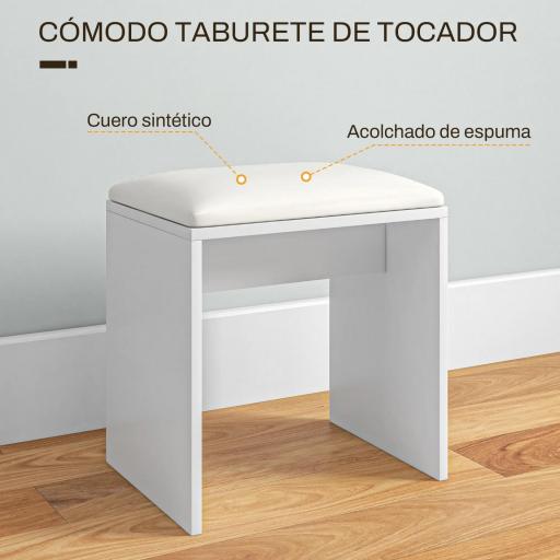 Tocador de Maquillaje con Taburete Espejo Cajón Estante Ajustable y Estantes Abiertos Anti-vuelco Blanco y Beige [3]