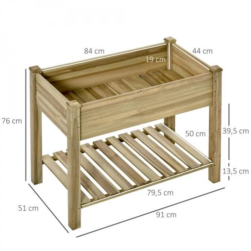Huerto Urbano de Madera con Estante Mesa de Cultivo Rectangular con Orificios de Drenaje para Cultivos Plantas Jardín Terraza Exterior Carga 80 kg 91x51x76 cm Natural [1]