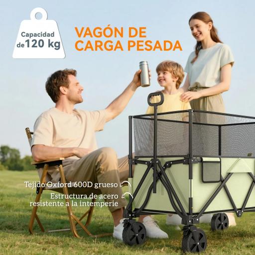 Carro Plegable 180 L con Longitud y Ángulo del Mango Ajustables y Paredes Laterales Extensibles Carga 120 kg Caqui [4]
