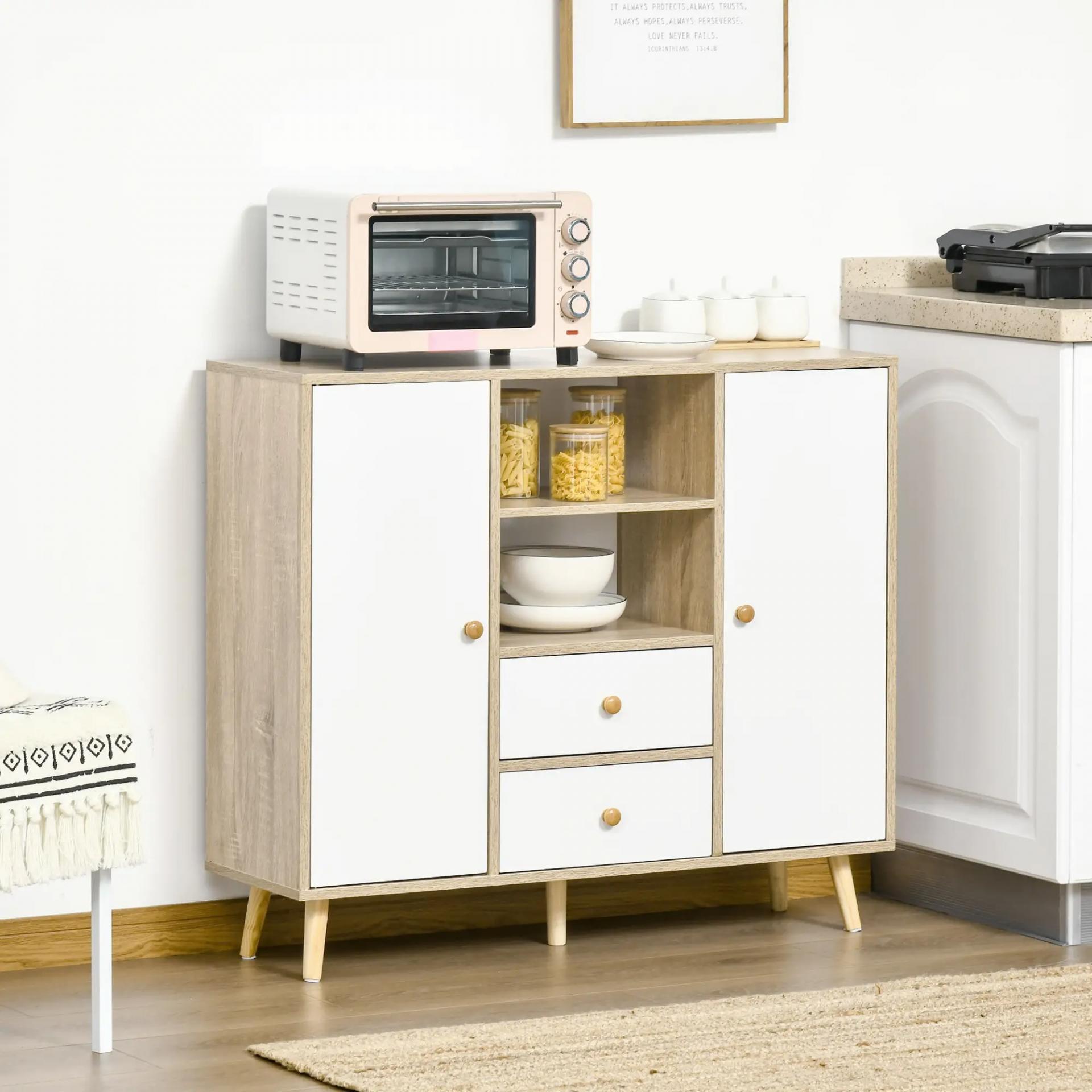 Aparador de Salón con 2 Puertas 2 Cajones y 2 Estantes Abiertos Mueble Auxiliar de Almacenaje para Cocina Recibidor 100x30x85 cm Blanco y Natural