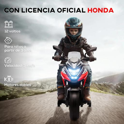 Moto Eléctrica para Niños de +3 Años con Licencia Honda con USB MP3 Luz LED y Velocidad 3 km/h Carga 30 kg Rojo [4]