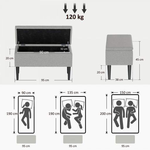 Banco Almacenaje Plegable Capacidad de 57 L 95x38x45 cm Tapizado en Borreguito Pie de Cama para Salón Dormitorio Gris [5]