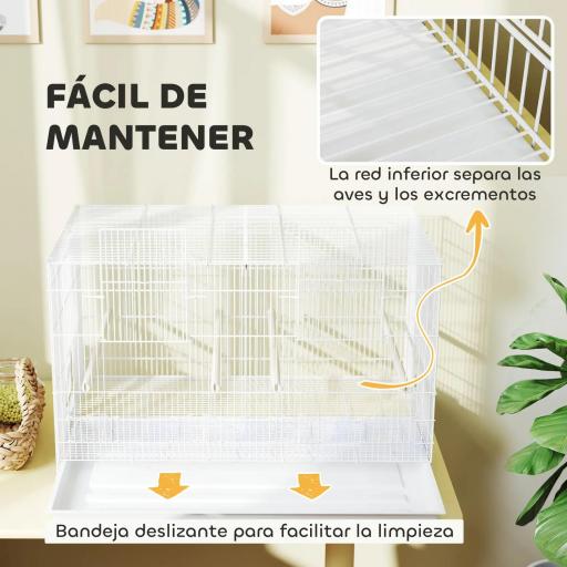 Jaula para Pájaros con Divisor 4 Comederos 4 Perchas Bandeja Extraíble para Loros Canarios Periquitos 76x46x46 cm Blanco [3]