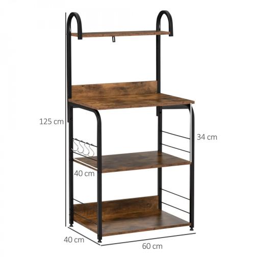 Estantería de Cocina de 4 Niveles con Ganchos Estantería para Microondas 60x40x125 cm Marrón Rústico y Negro [1]