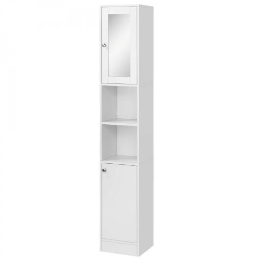 Armario Alto para Baño con Espejo Mueble Columna de Baño Madera con 2 Estantes Abiertos 2 Puertas y Baldas Interiores Ajustables 30x28x180 cm Blanco [4]