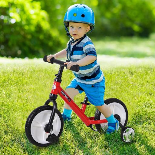 Bicicleta de Equilibrio con Pedales y Ruedas Entrenamiento Extraíbles de Asiento Regulable 33-38cm Niños +24 Meses Carga 25kg Rojo