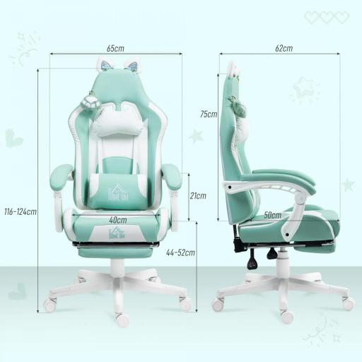 Silla Gamer Reclinable con Altura Ajustable Reposapiés Retráctil Soporte Lumbar y Reposacabezas Desmontable Verde Menta [2]