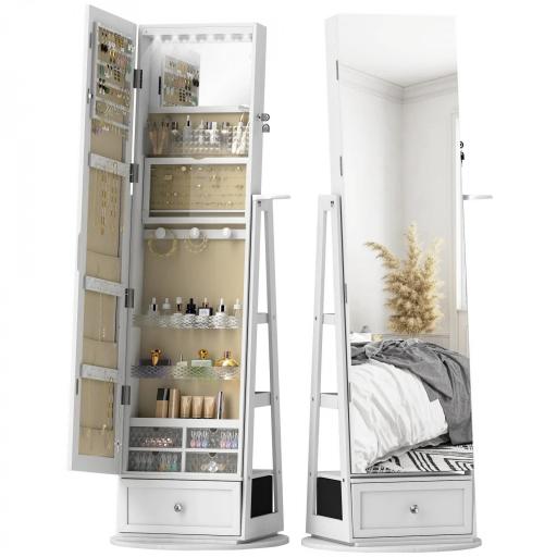 Espejo Joyero con Luces LED Armario Joyero con Espejo Entero Giratorio de 360° Cajón Cerradura Blanco [8]