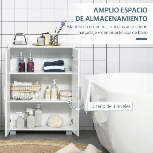Armario de Baño con 2 Puertas y 2 Estantes Ajustables de 7 Niveles Mueble Auxiliar de Almacenaje para Salón Cocina Antivuelco 60x30x80 cm Blanco [2]