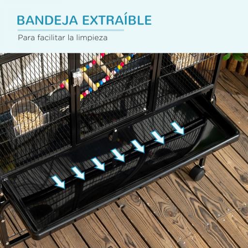 Jaula para Pájaros con Ruedas 83x53x180 cm Pajarera Metálica de 3 Niveles con 3 Perchas Comederos Juguetes Rampas Negro [5]