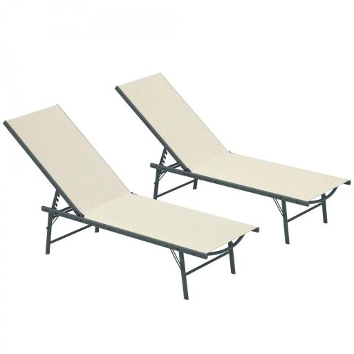 Juego de 2 Tumbonas Plegables Reclinables en 5 Posiciones con Estructura Metálica y Asiento de Malla Transpirable Crema [8]