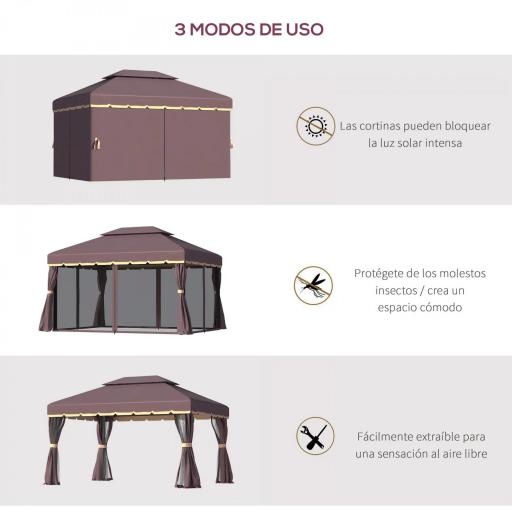 Gazebo de Aluminio 4x3 m con Techo de Ventilación 4 Cortinas Laterales 4 Mosquiteras y 8 Orificios de Drenaje Café [3]