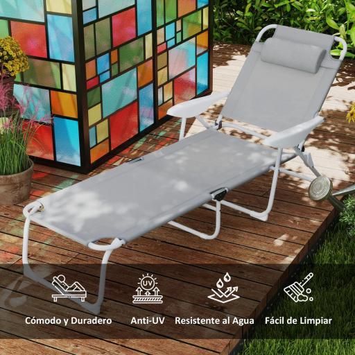 Tumbona Plegable con Respaldo Ajustable Reposacabezas y Estructura de Metal 160x66x98 cm Gris y Blanco [2]