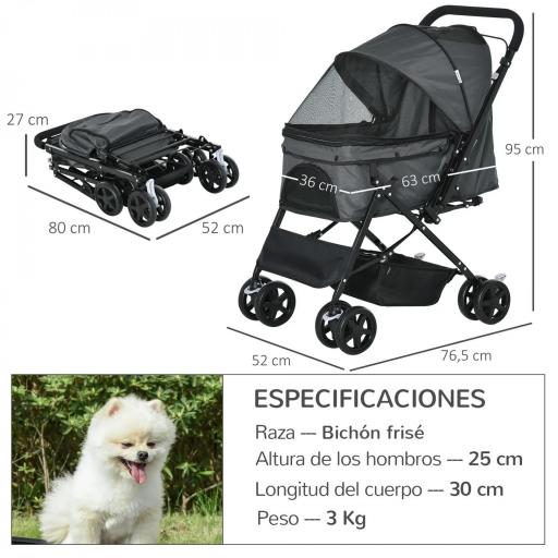 Carrito para Perros Plegable con Mango Reversible Ventana de Malla Cesta de Almacenamiento 76,5x52x95 cm Gris [1]