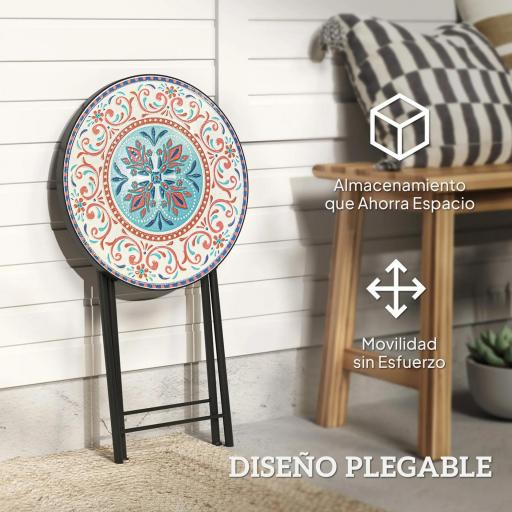 Mesa Auxiliar Redonda de Jardín Plegable con Encimera de Mosaico y Almohadillas Antideslizantes Ø35,5x55 cm Multicolor [5]