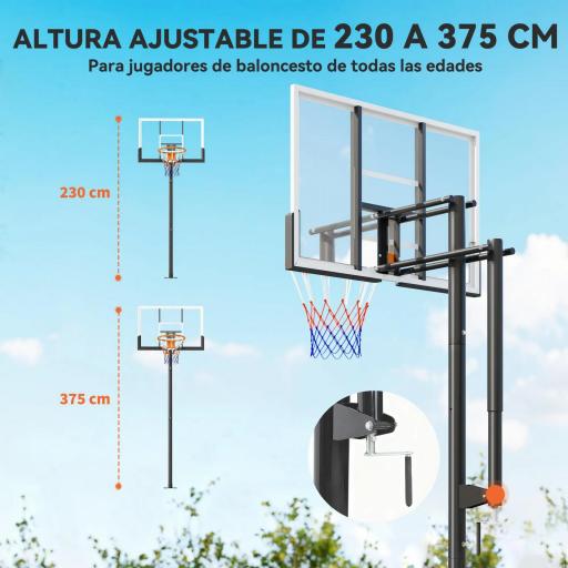 Canasta de Baloncesto Exterior en el Suelo Altura Ajustable 230-375 cm con Soporte Tablero Irrompible 120 cm Aro Ø48 cm [2]