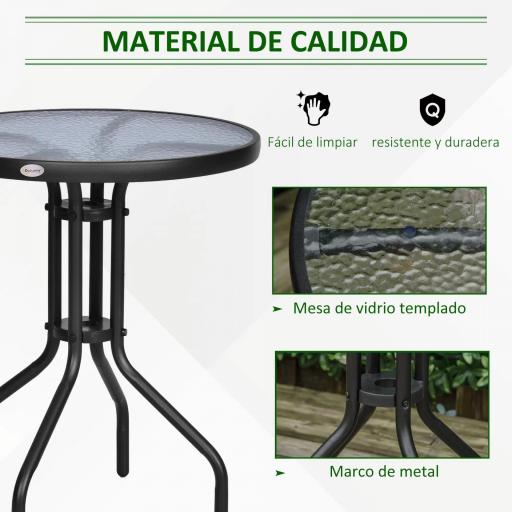 Mesa de Jardín Redonda con Encimera de Vidrio Templado Decorativa y Marco de Metal para Patio Terraza Balcón Comedor Ø60x70 cm Negro [4]