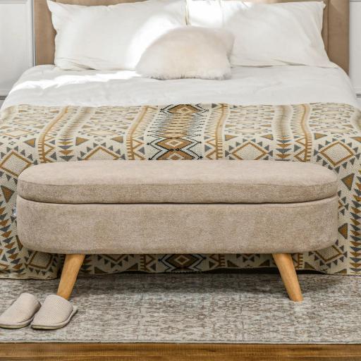 Banco de Almacenaje con Patas de Madera y Asiento Acolchado Carga 120 kg Puff Almacenaje Ovalado Beige [3]