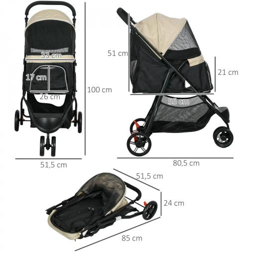 Carrito para Perros Pequeños con Cesta de Almacenaje Cubierta para Lluvia y Ventana de Malla 80,5x51,5x100 cm Caqui [1]
