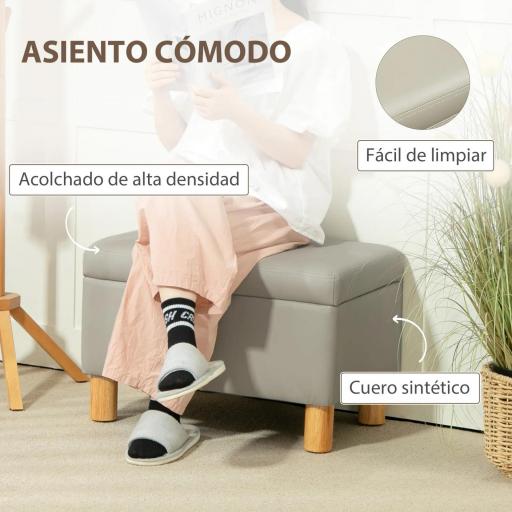 Baúl de Almacenaje para Dormitorio 33L Tapizado en PU Banco de Almacenaje con Patas de Madera 60x38x40 cm Gris Claro [4]