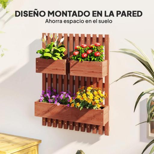 Jardinera de Pared de Madera con Enrejado y 3 Macetas Móviles para Jardín Terraza Patio 60x16x80 cm Marrón [2]